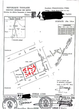 Terrain 2 lots 1200 m² en vente à Davié – 9,5 millions FCFA par lot
