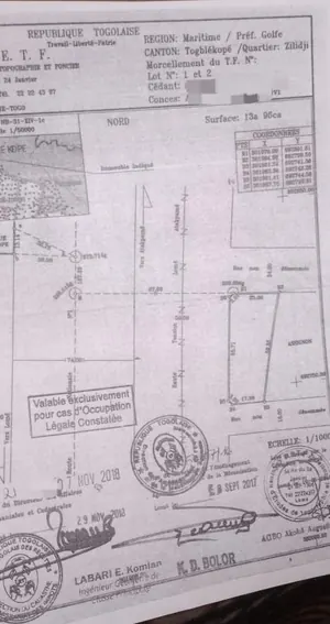 Terrain 1396 m² en vente à Agoè Zongo – 32 millions FCFA le lot