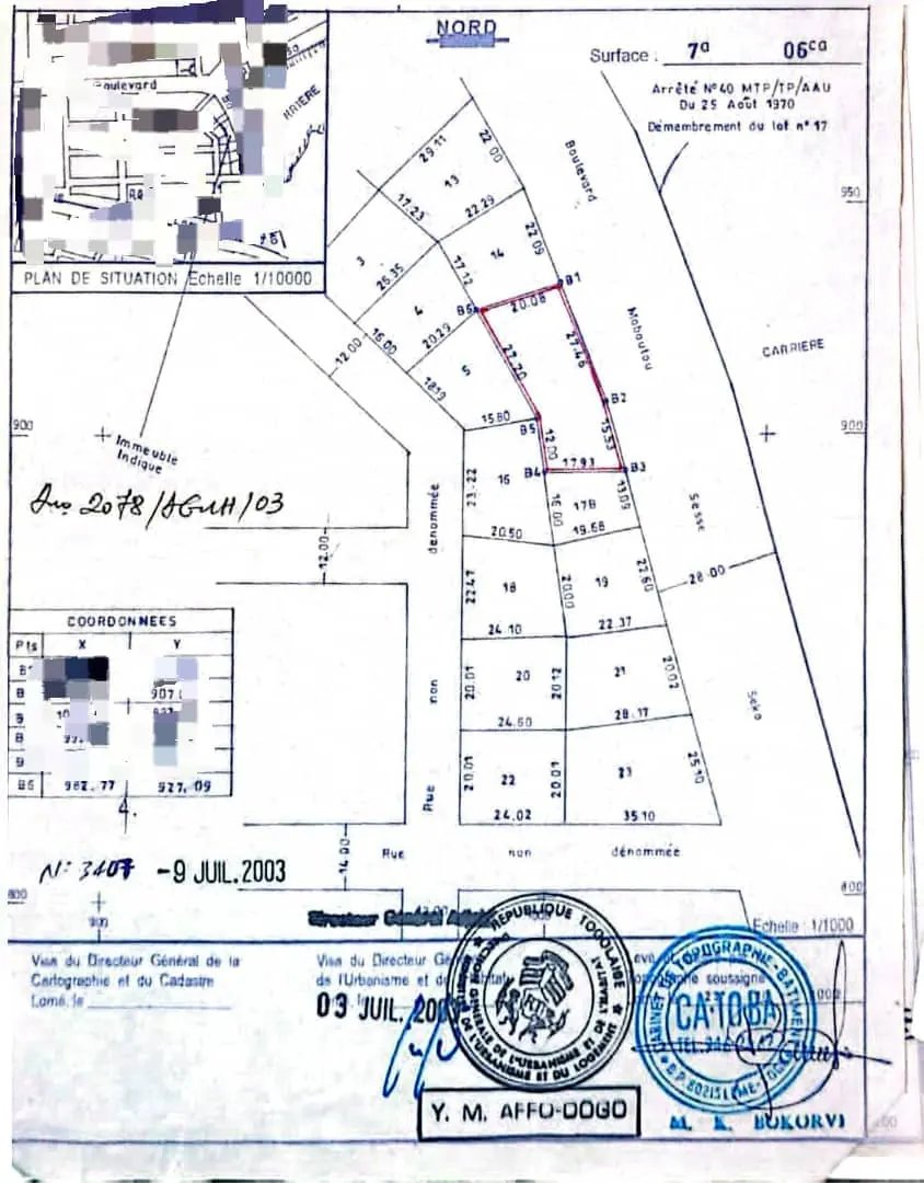 Vente d'un terrain à Bè Kpota Akodessewa, 706 m², bord des pavés – 250 millions FCFA