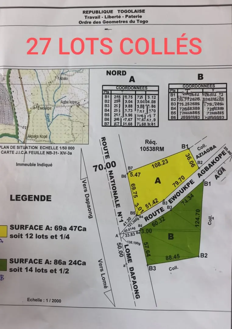 Terrain en vente en bordure de goudron à Lilikopé – prix à partir de 5 millions FCFA l'unité