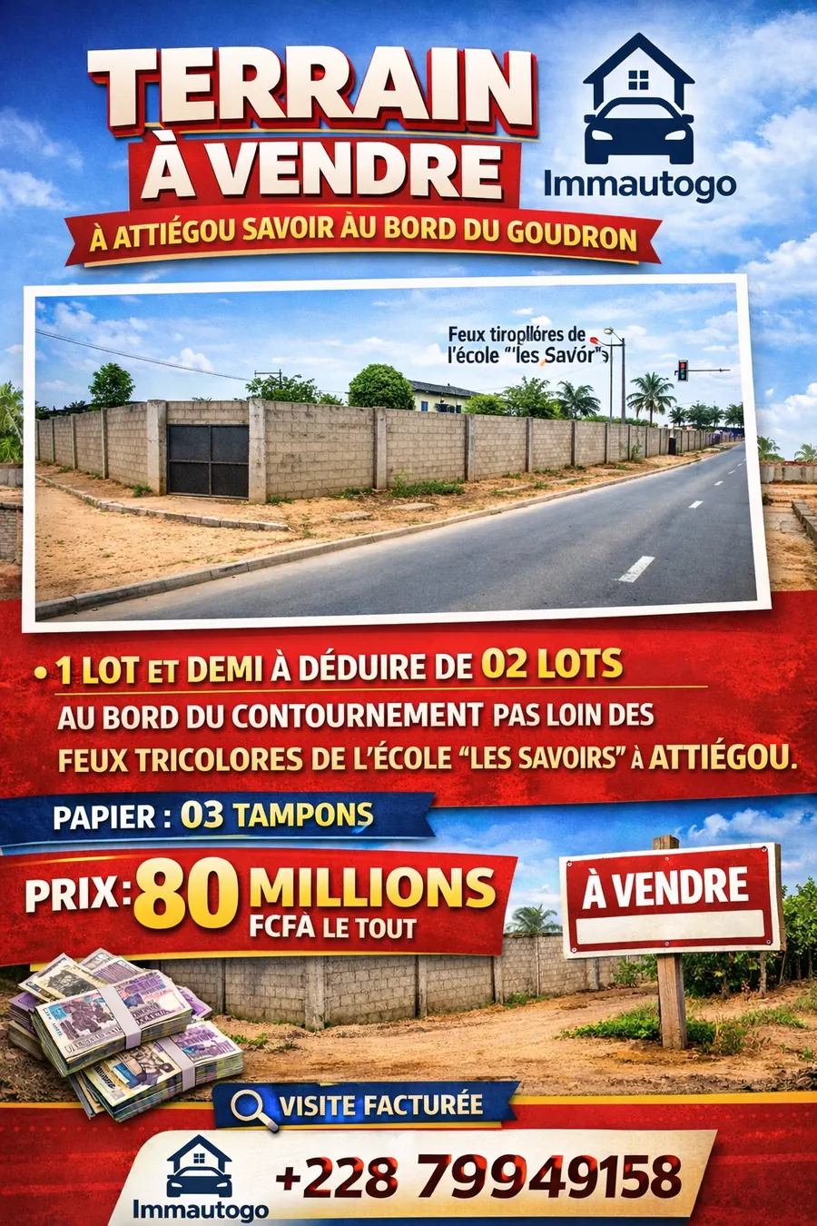 Terrain 1 lot et demi à vendre au bord du goudron à Attiégou Savoir – 80 millions FCFA