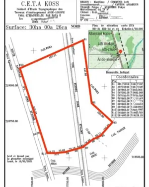 Terrain 30 hectares en vente en bordure du goudron RN5 Lomé-Kpalimé à Azahoun Fokpo – 7 millions FCFA l'hectare
