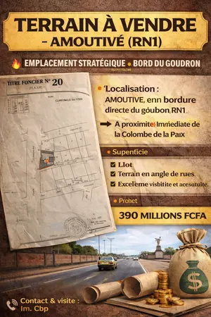 Terrain 1 lot en vente en angle de rue au bord du goudron RN1 à Amoutivé – 390 millions FCFA
