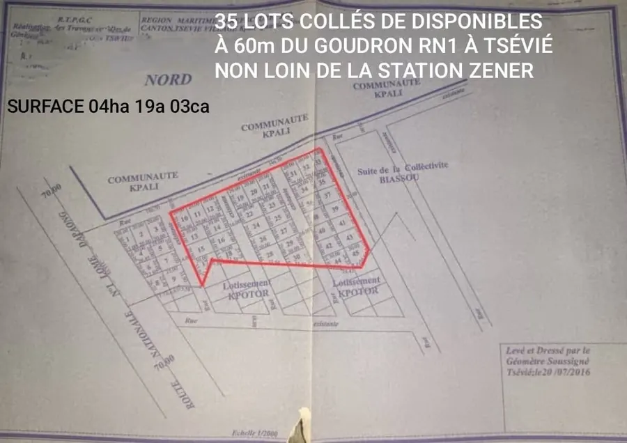 Terrain 35 lots à vendre en bordure de voie à Tsévié Kpali Gbéko – 8 millions FCFA le lot