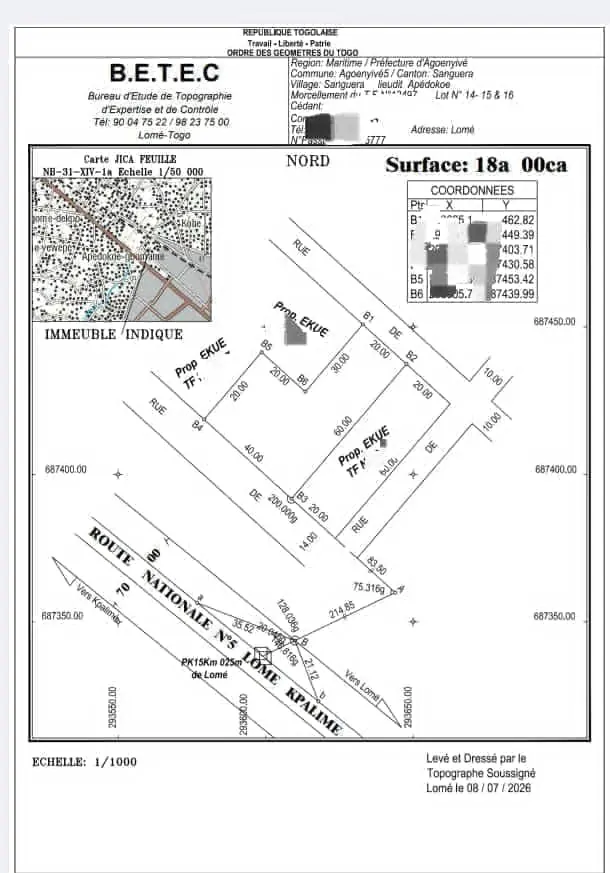 Terrain 1 lot en vente à Apédokoè-Attilamonou près du goudron – 20 000 000 FCFA