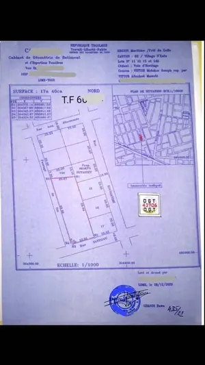 Terrain en angle de rue à vendre à Tokoin Forever – 1740 m² – 250 millions FCFA à revoir