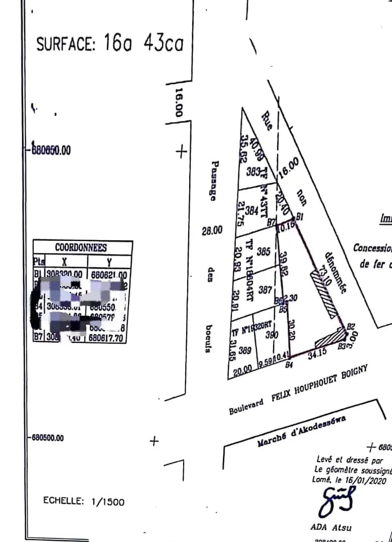 Terrain 1643 m² en vente en angle de rue à Akodessewa – 350 millions FCFA