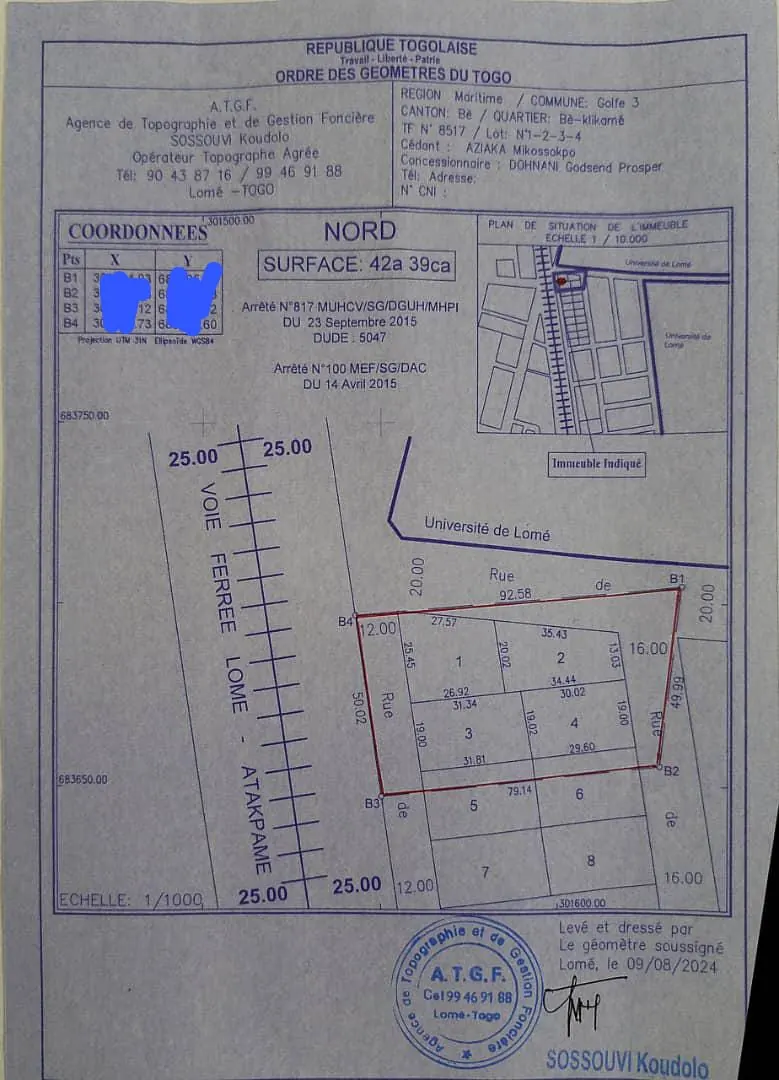 Terrain 4 lots en vente en bordure de goudron à Attikoumé – prix à partir de 75 millions FCFA le lot