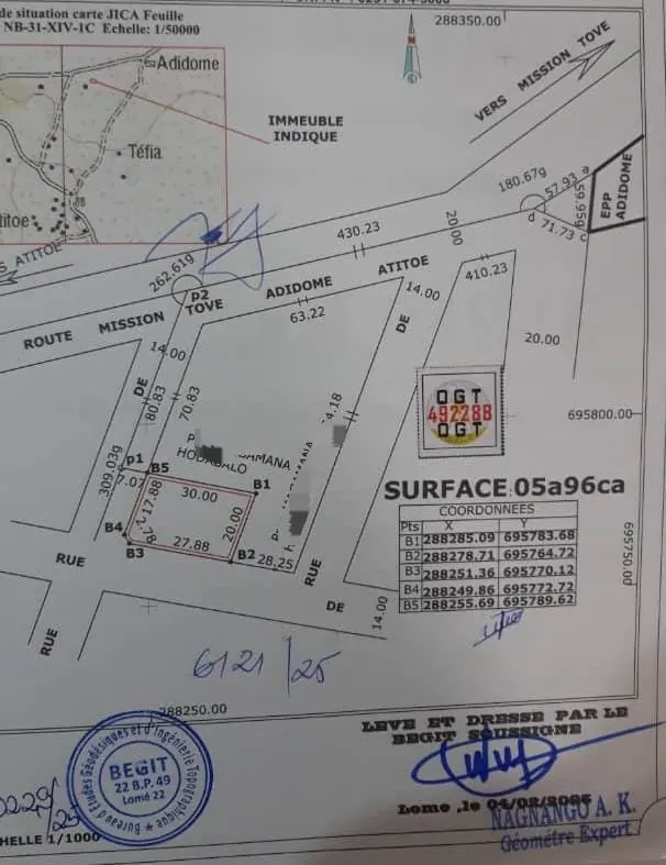 Terrain 1 lot en angle de rue à vendre à Kpala-Adidome – 8 millions FCFA