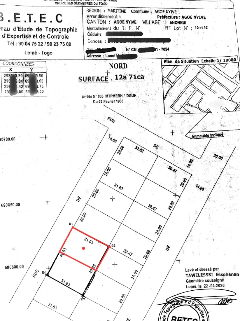 Vente d'un terrain à Agoè Sogbossito Anokui, 1 lot, 620 m², proche du goudron – 32 millions FCFA