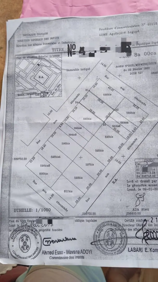 Terrain 800 m² en vente à Agoè Kossigan 1 – 45 millions FCFA