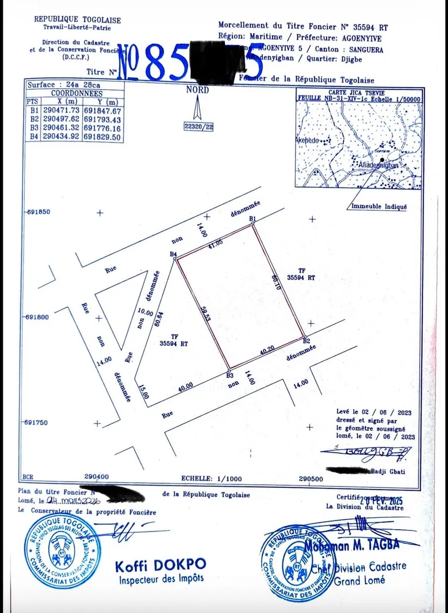 Vente de terrain à Sanguéra Afiadegnigban, 4 lots collés, 2428 m², titre foncier personnel – 15 millions FCFA le lot