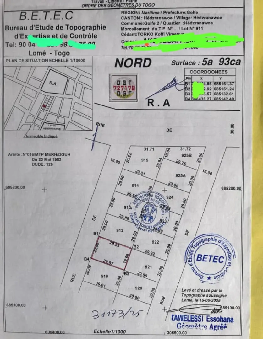 Terrain 2 lots en angle de rue en bordure de voie à Adetikopé Dalavé – 17 millions FCFA