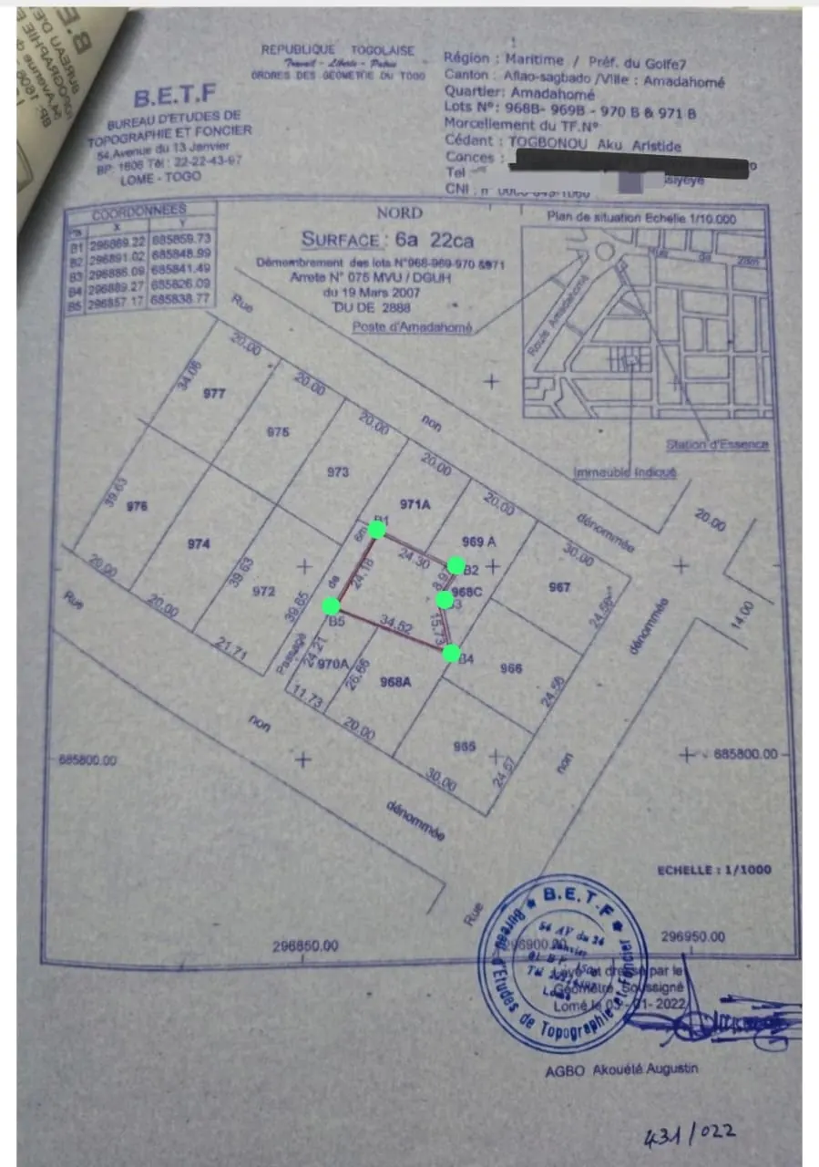 Terrain en vente à Adidogomé Amandahomé – 23 millions FCFA