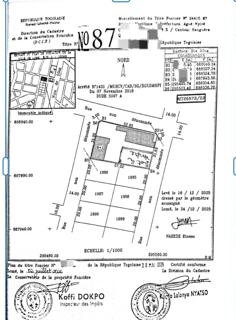 Terrain 1 lot à vendre à Adidogomé Amadahomé – 30 millions FCFA