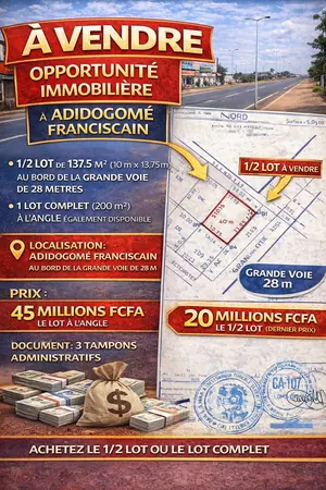 Terrain demi-lot ou lot complet en angle de rue à vendre à Adidogomé Franciscain, bord de voie de 28 m – à partir de 20 millions FCFA