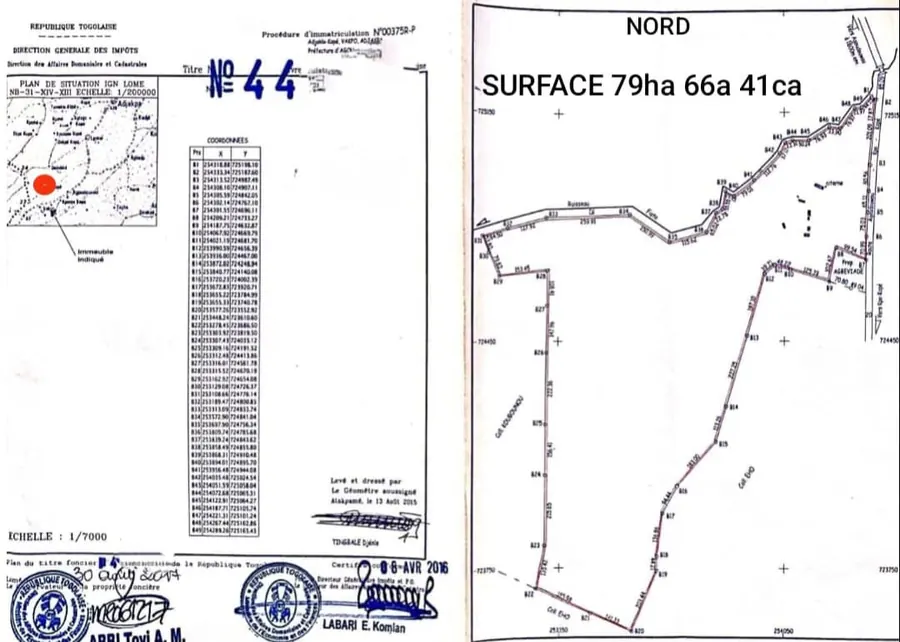 Terrain de 79,50 hectares à vendre à Vakpo Adjakpa Adjaklo Kopé (Agou 2) – 2 millions FCFA l'unité