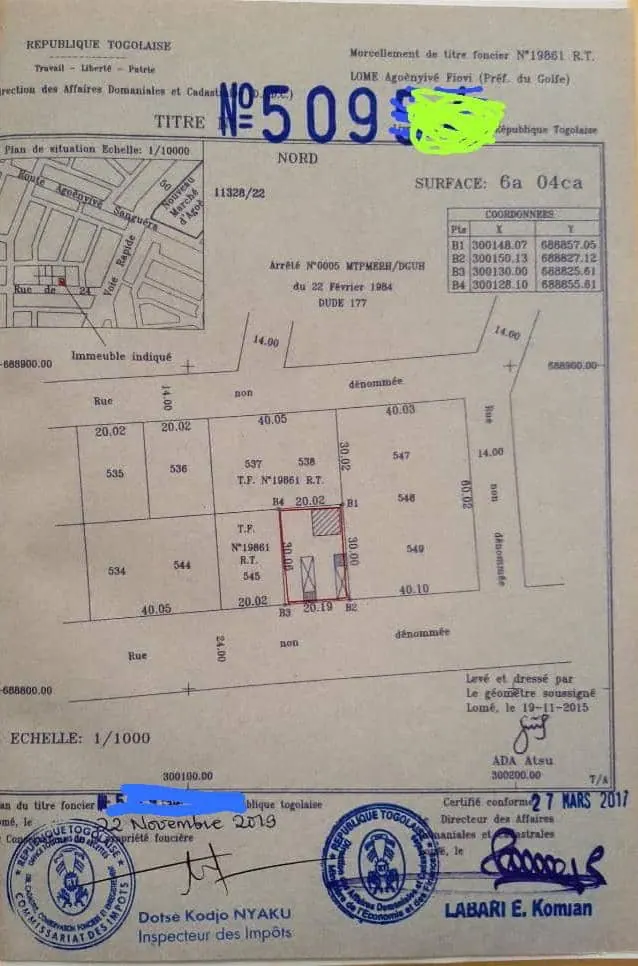 Terrain 1 lot (604 m²) à vendre à Agoè Asiyéyé – 60 millions FCFA