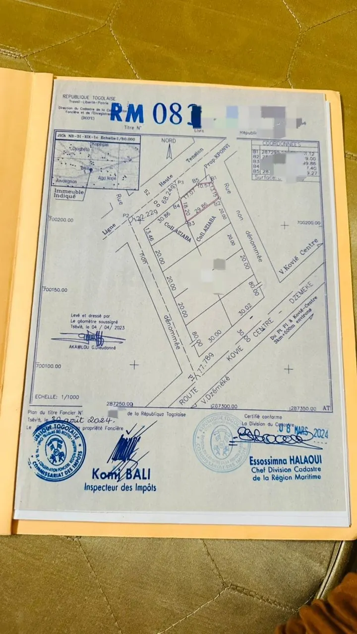 Terrain 1 lot (600 m²) en vente en bordure de la grande voie des hautes tensions à Kovié – 7 000 000 FCFA