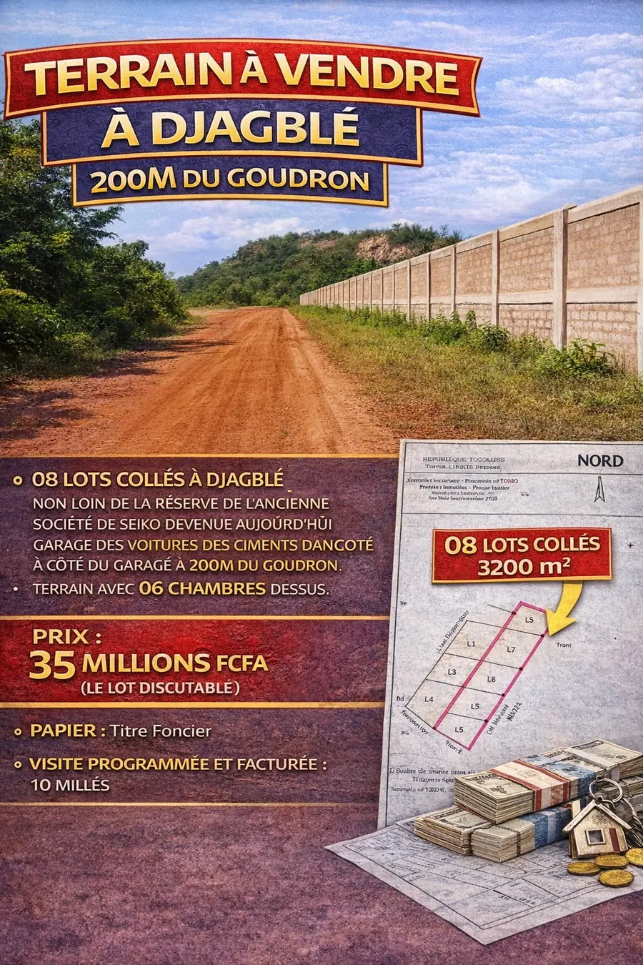 Terrain 8 lots à vendre à Djagblé à 200m du goudron – prix à partir de 35 millions FCFA le lot
