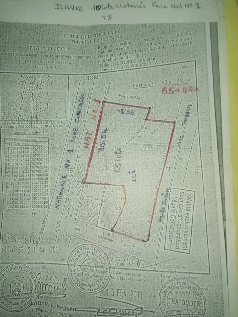 Vente de terrains à Davié, 13 lots collés en bord de goudron RN1 – 40 millions FCFA le lot
