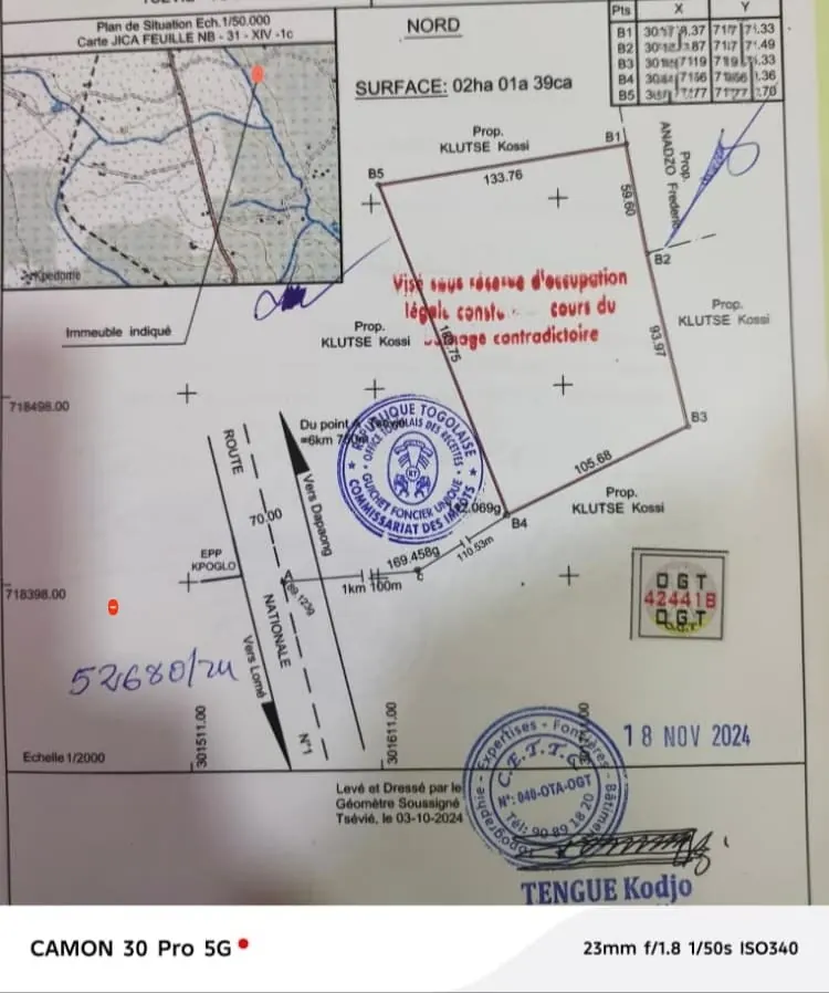 Terrain 2 hectares à vendre à Tsévié Kolonou – 26 millions FCFA