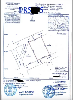 Vente de terrain à Sanguéra Afiadegnigban, 4 lots collés, 2428 m², titre foncier personnel – 15 millions FCFA le lot