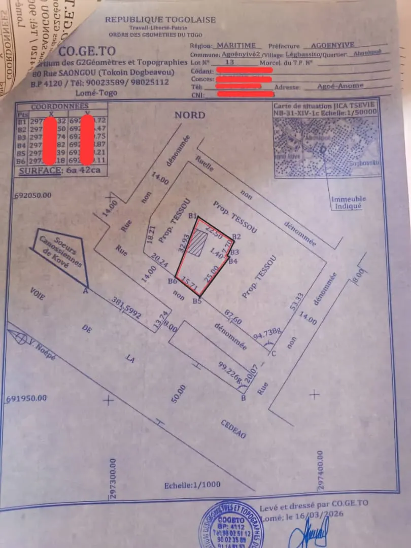 Terrain 633 m² en vente à Sogbossito Somayaf, proche du goudron – 30 000 000 FCFA