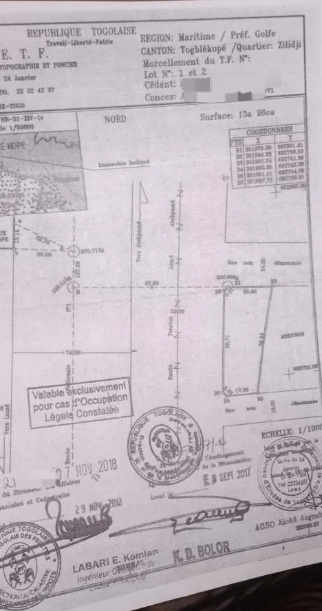 Terrain 1396 m² en vente à Agoè Zongo – 32 millions FCFA le lot
