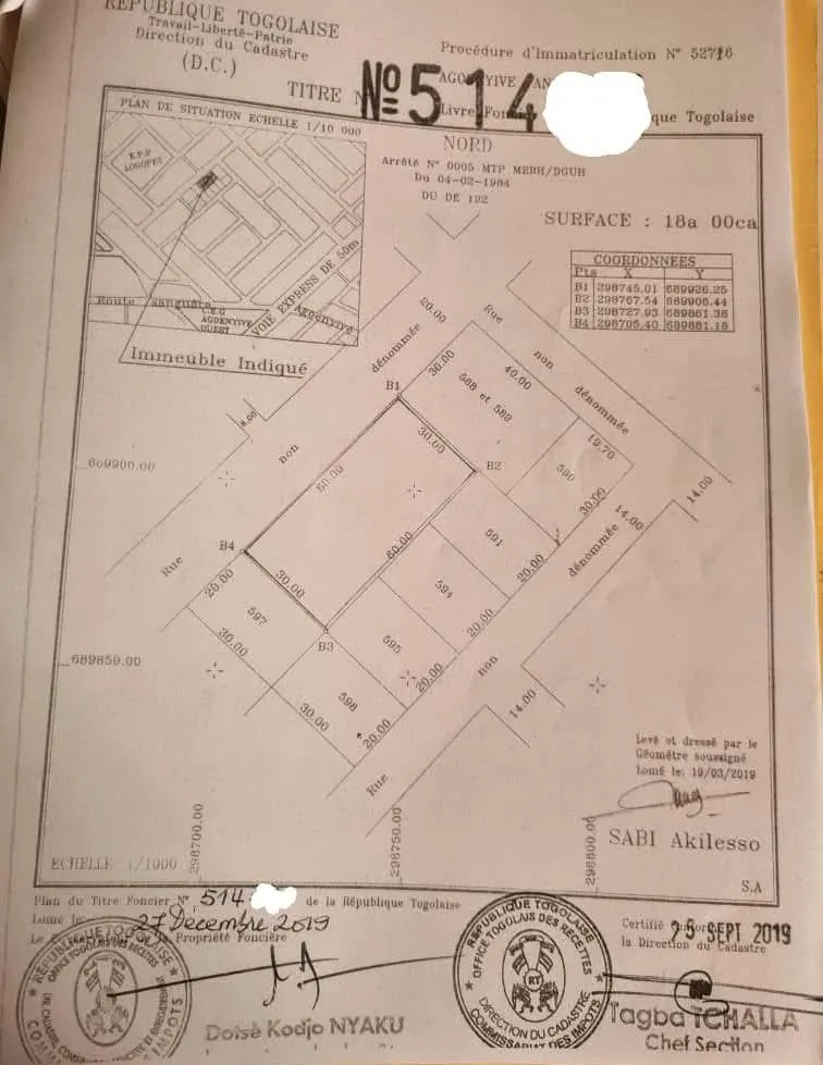 Terrain 3 lots 1800 m² en vente à Agoè Kossigan – 40 millions FCFA le lot