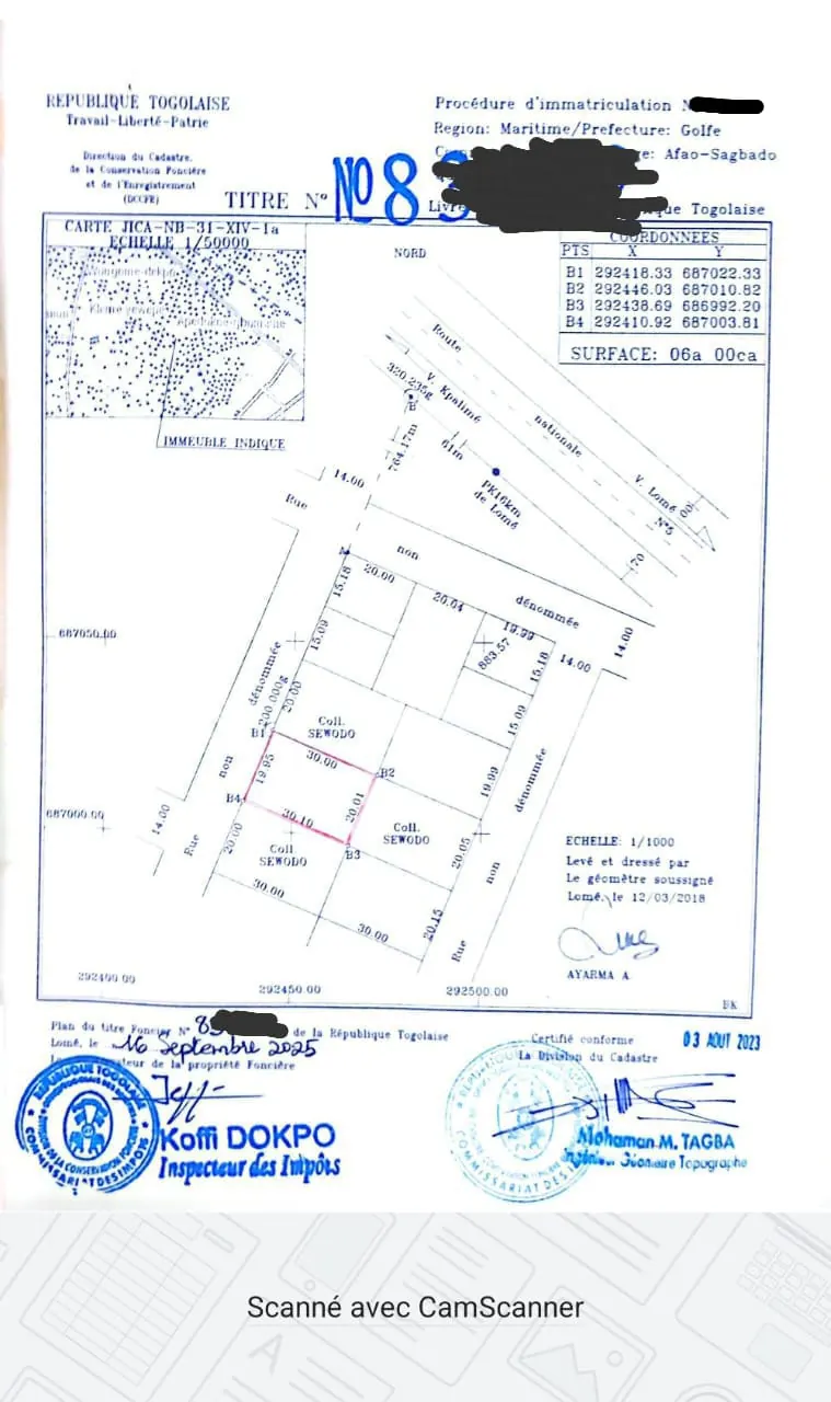 Terrain 1 lot de 600 m² à vendre à Gbomamé – 25 millions FCFA