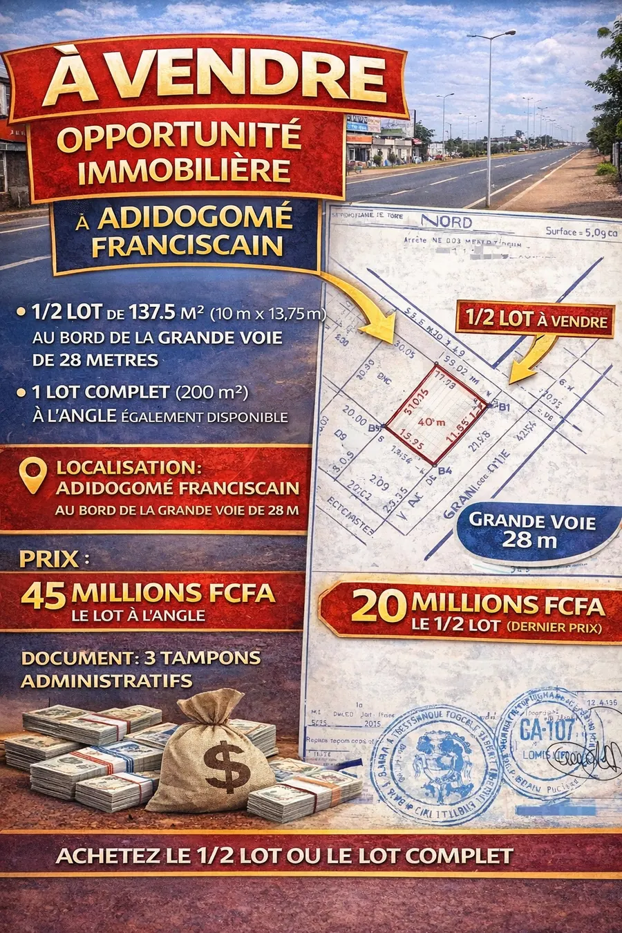Terrain demi-lot ou lot complet en angle de rue à vendre à Adidogomé Franciscain, bord de voie de 28 m – à partir de 20 millions FCFA