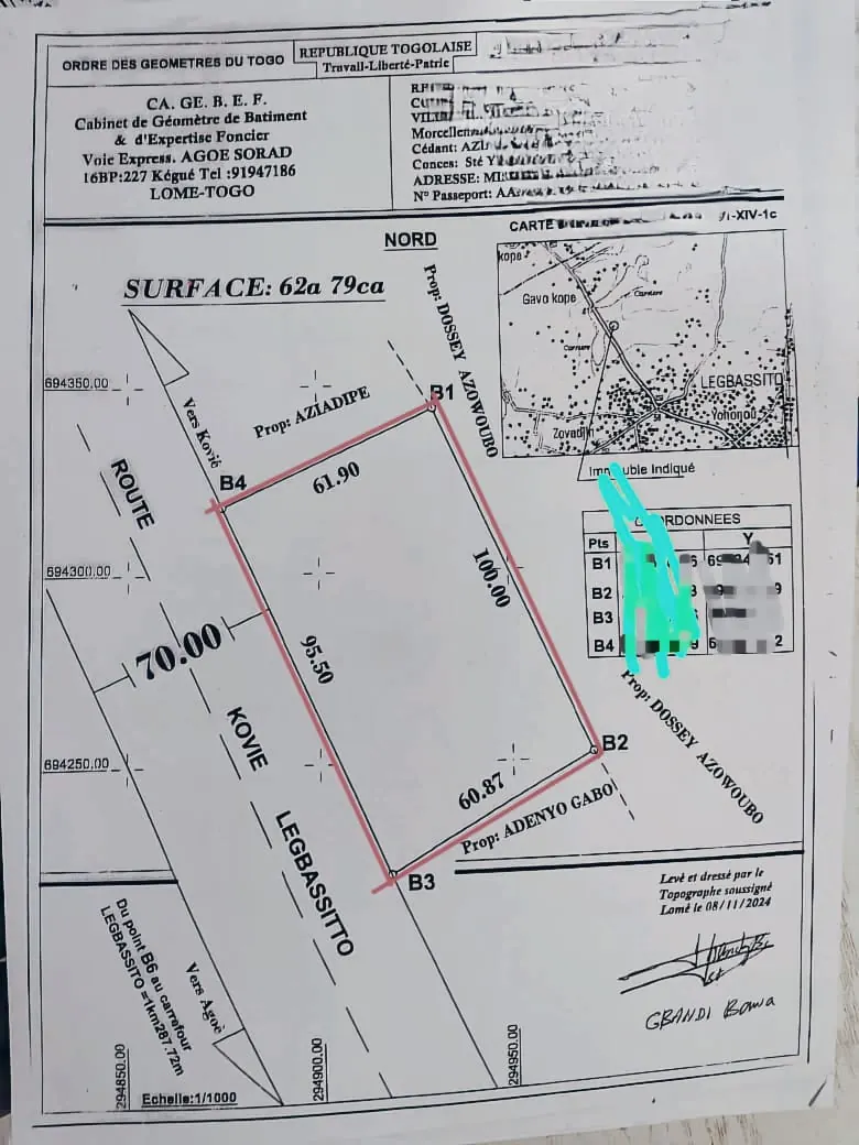 Terrain 8 lots en vente à Agoè Legbassito, bord de rue – 28 millions FCFA le lot