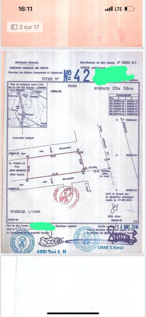 Terrain 2358 m² en vente en bordure de goudron à Adétikopé – 50 millions FCFA le lot