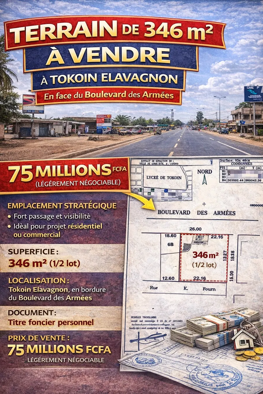 Terrain 346 m² à vendre à Tokoin Elavagno – 75 millions FCFA