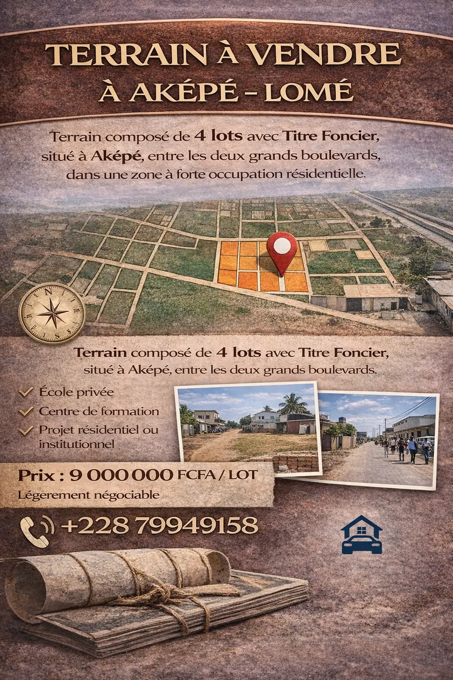 Terrain 4 lots en vente à Aképé entre les deux grands boulevards – 9 000 000 FCFA le lot