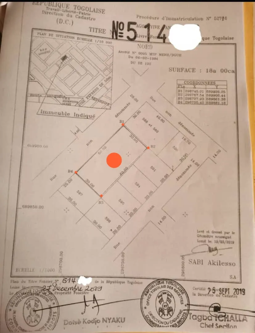 Terrain 3 lots de 1800 m² en vente à Agoè-Anonkui – 35 millions FCFA