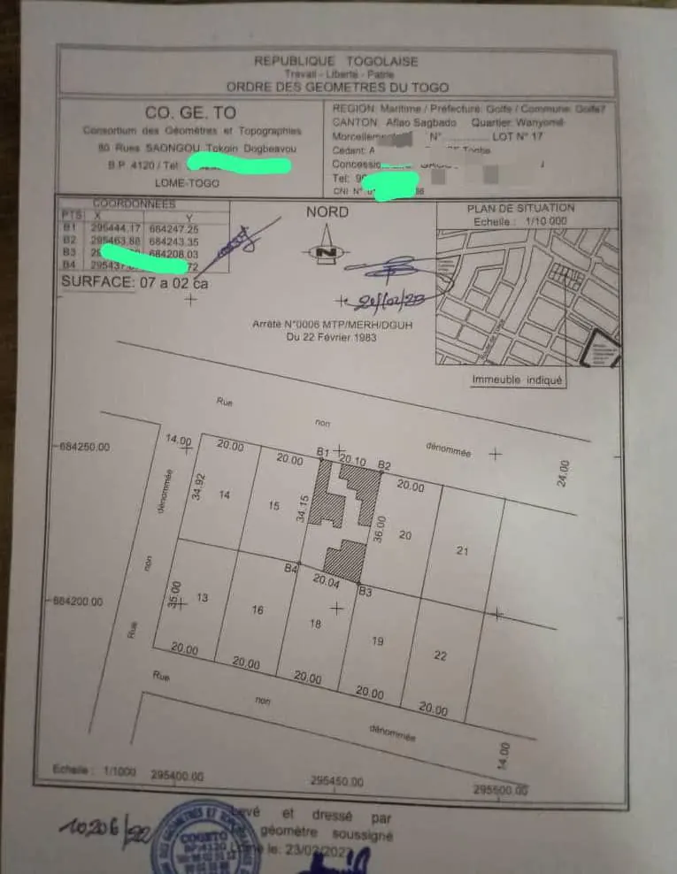 Terrain de 702 m² à vendre à Adidogomé Sagbado Wognomé – 70 millions FCFA