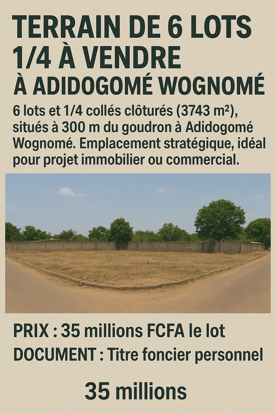 Terrain 6 lots 1/4 à vendre à Adidogomé Wognomé – 3743 m², ouvert sur 2 voies – 35 millions FCFA le lot
