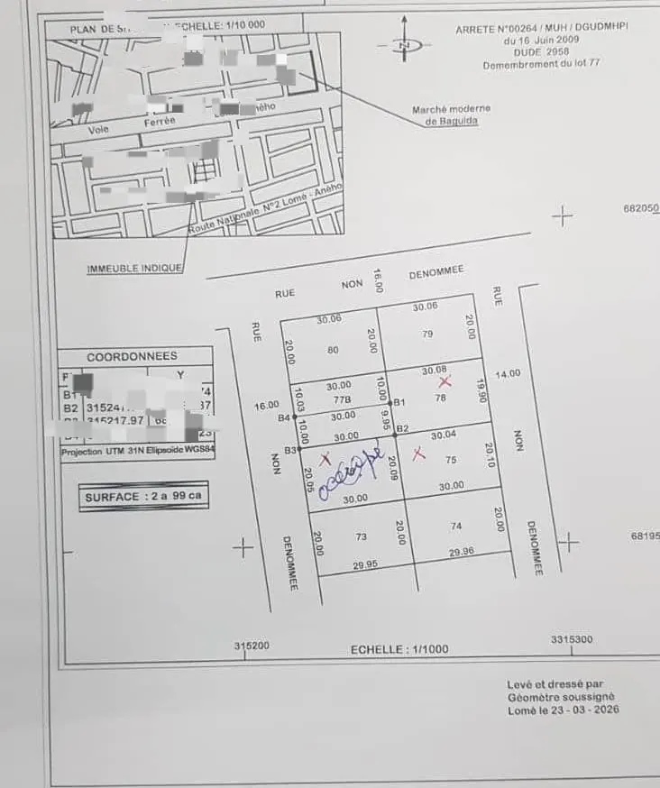 Terrain 1500 m² en vente à Baguida – 50 millions FCFA le lot