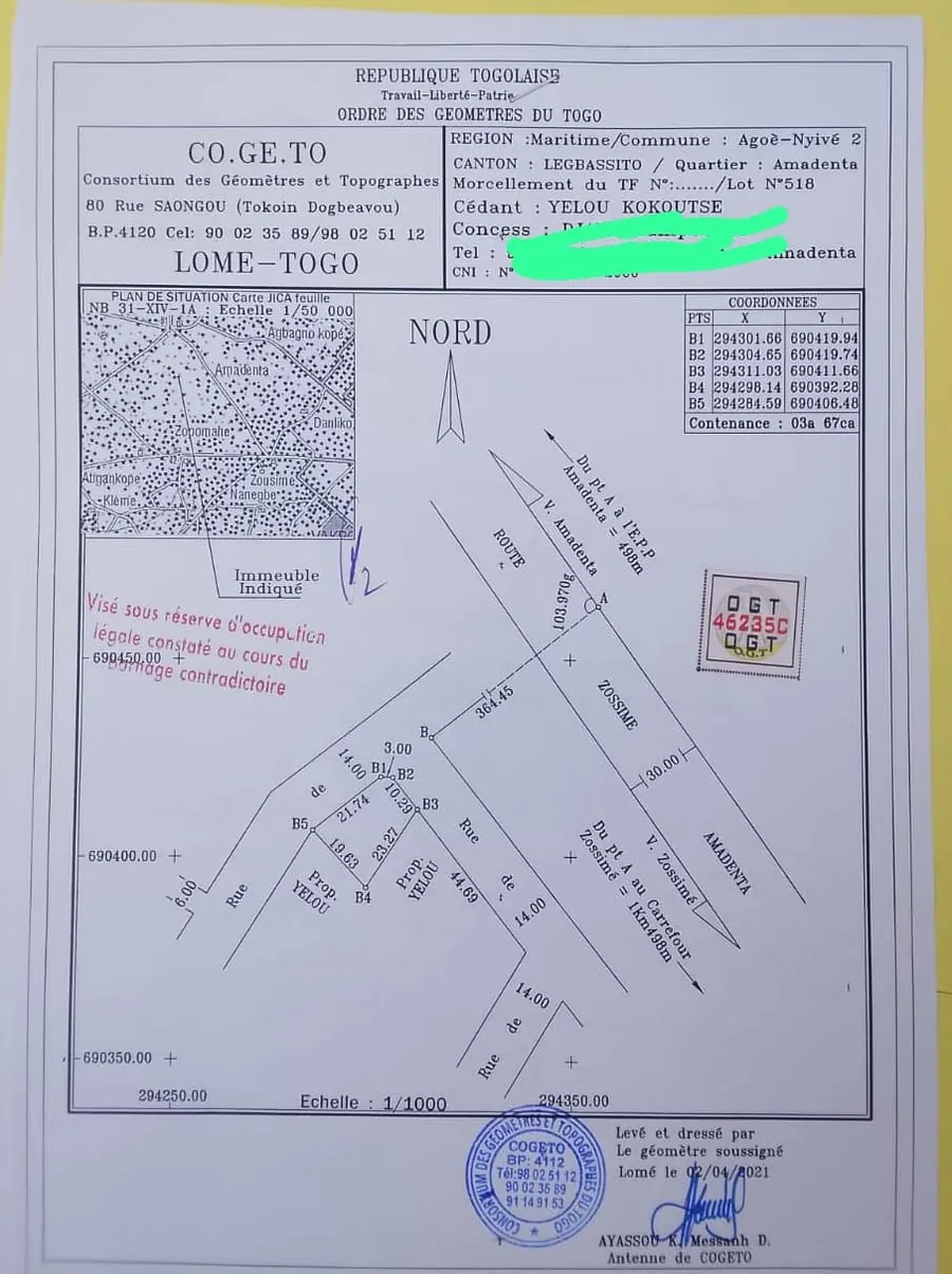 Terrain 367 m² en vente en angle de rue à Zossimé Amadenta – 13 millions FCFA