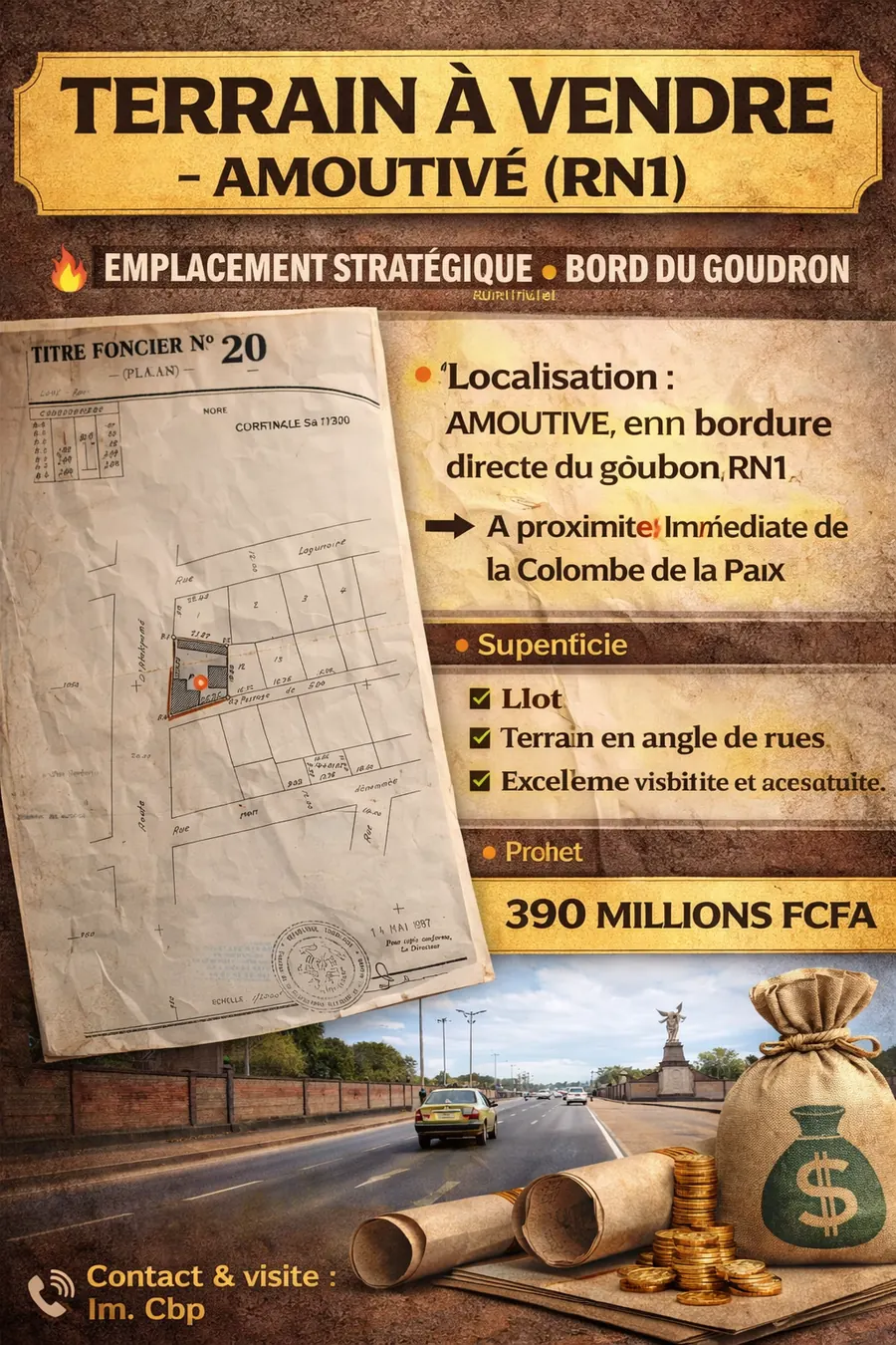 Terrain 1 lot en vente en angle de rue au bord du goudron RN1 à Amoutivé – 390 millions FCFA