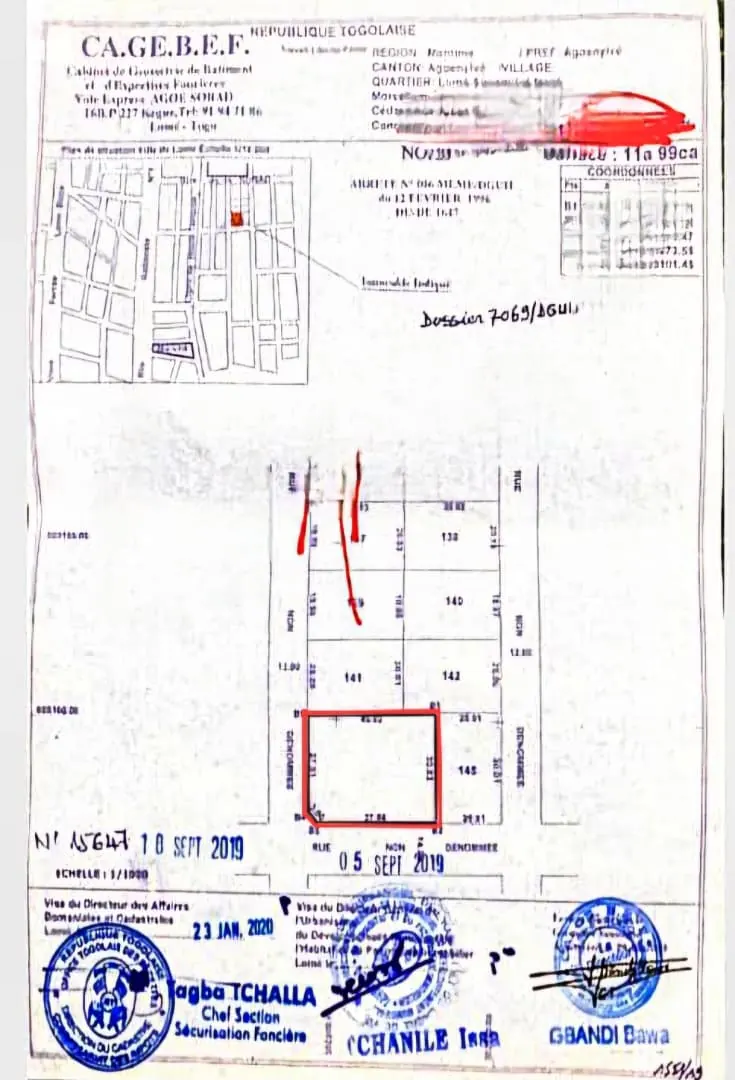 Terrain 2 lots 1200 m² en vente en angle de rue à Agoè Atchanvé – 50 millions FCFA le lot