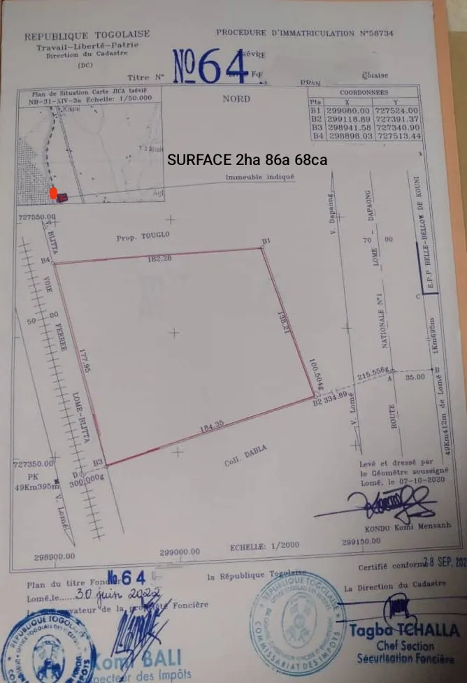 Terrain de 3 hectares à vendre à Tsevié Lilikopé Touni Kopé – prix à confirmer
