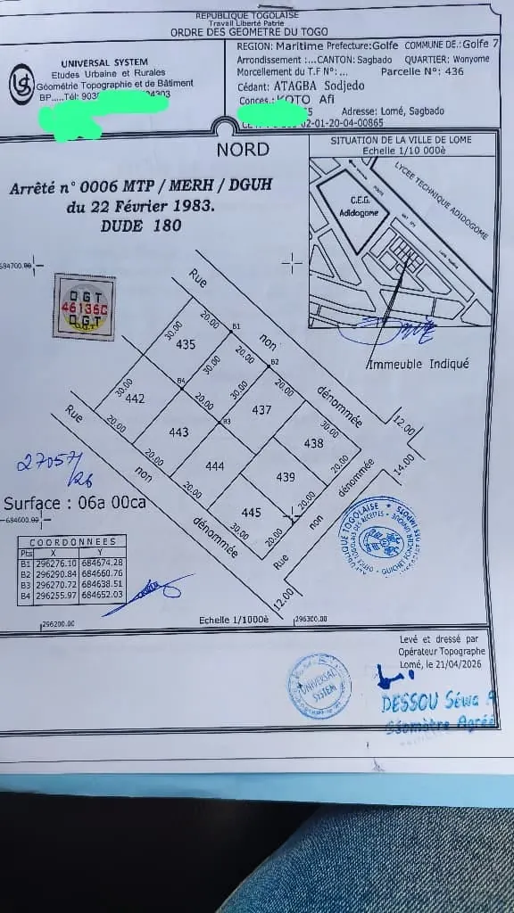 Terrain 1 lot en vente à Adidogomé CEG proche du goudron – 50 millions FCFA